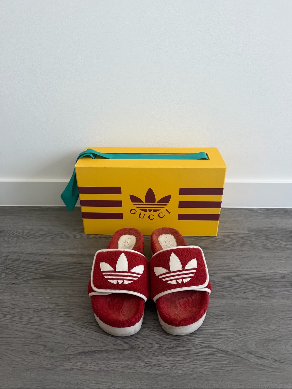 Gucci x Adidas GG Monogram Terry Cloth Platform Slides Red